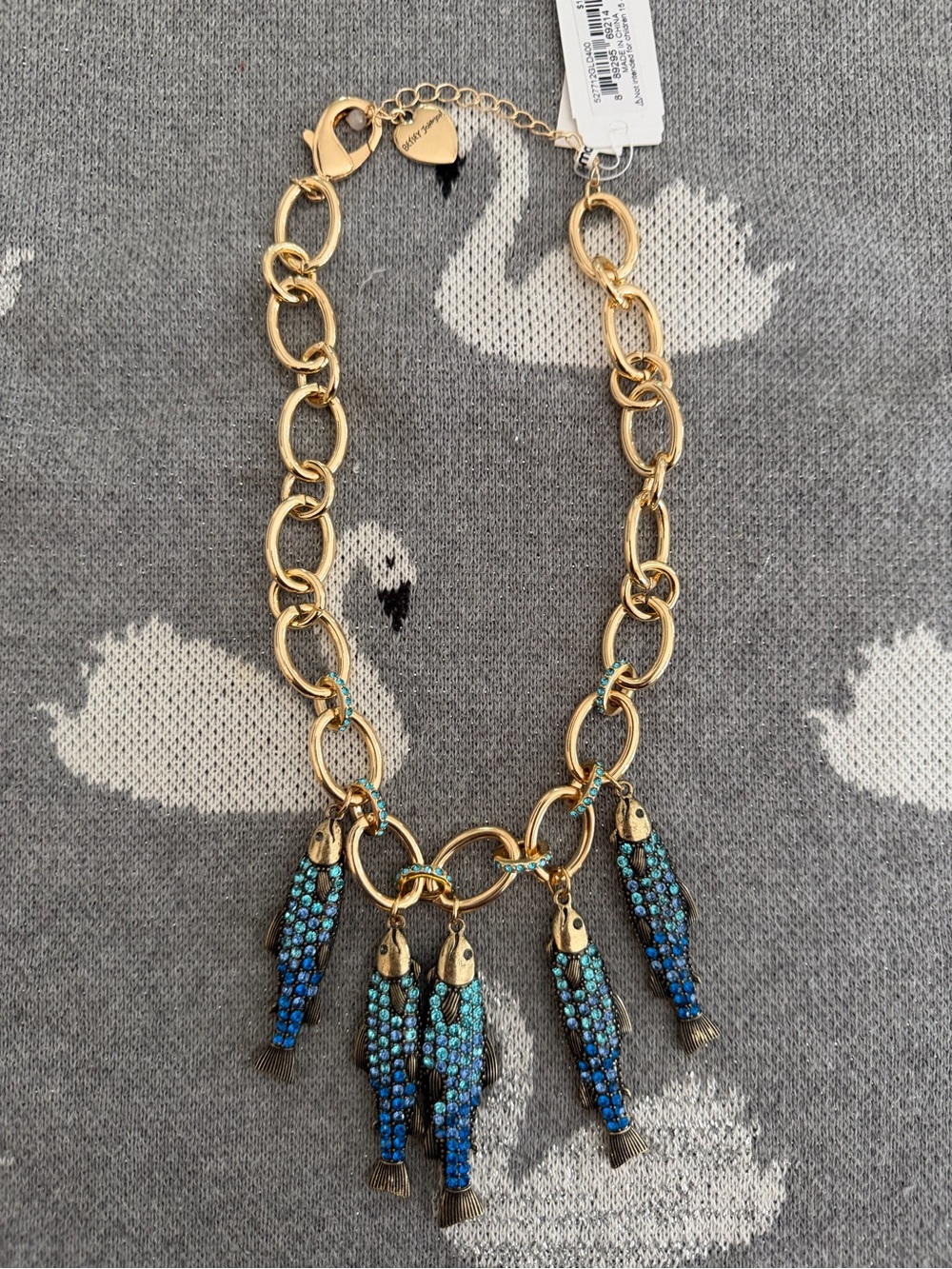Betsey Johnson G with Blue Crystal Fish Charms sardine necklace